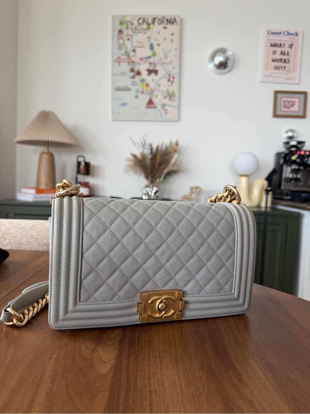 Chanel Caviar Boy Bag in Light Gray with Gold Hardware